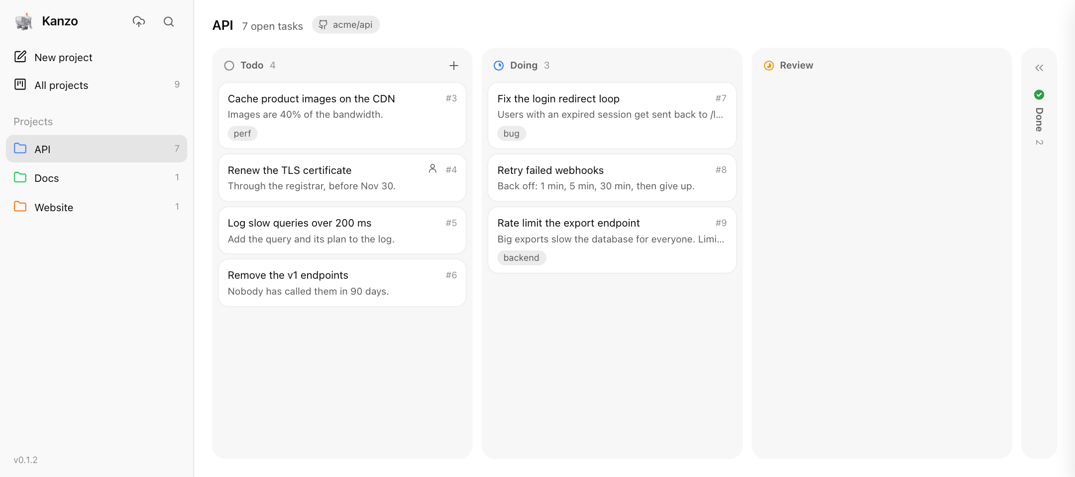 The Kanzo board: agents move cards while you watch, and ⌘K finds a task in any project