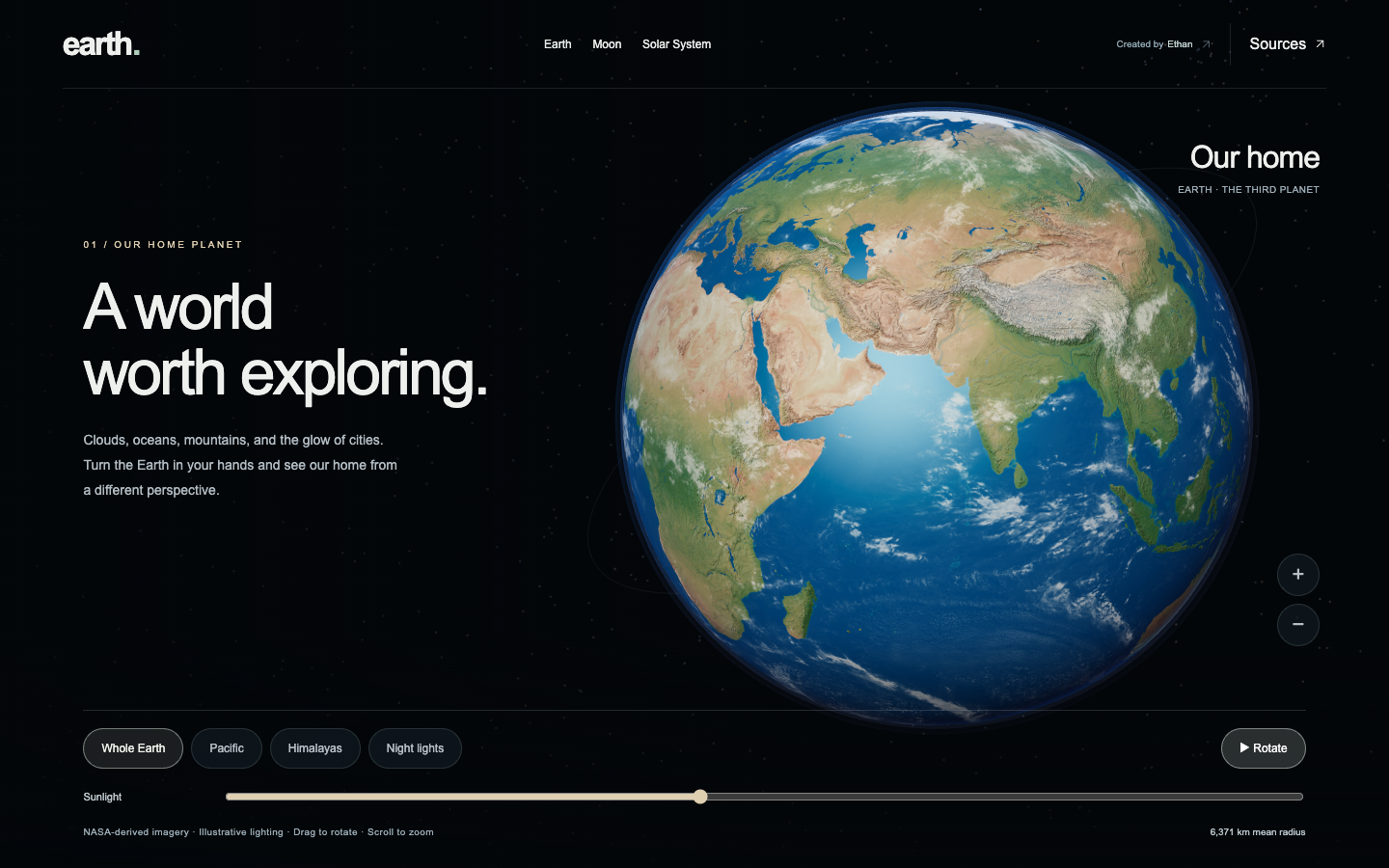 Interactive Earth with illuminated oceans, clouds, and terrain