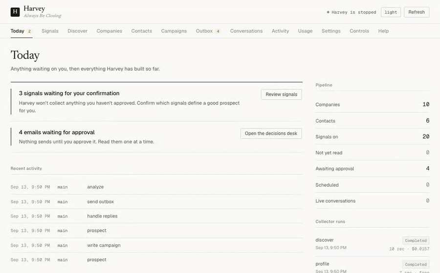 Harvey's dashboard: the Today queue, confirming a signal, the cohort builder counting matches live, a costed discovery estimate, and the outbox decisions desk — in light and dark