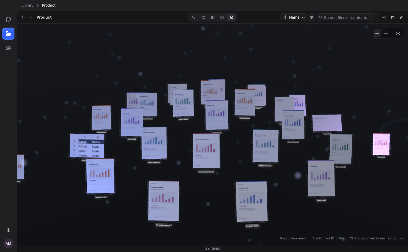 Jevbox's 3D Finder displaying a spatial library of documents in dark mode