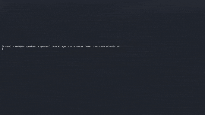 OpenDraft generating a source-grounded research paper from a single prompt, with DOI-checked citations and a typeset PDF