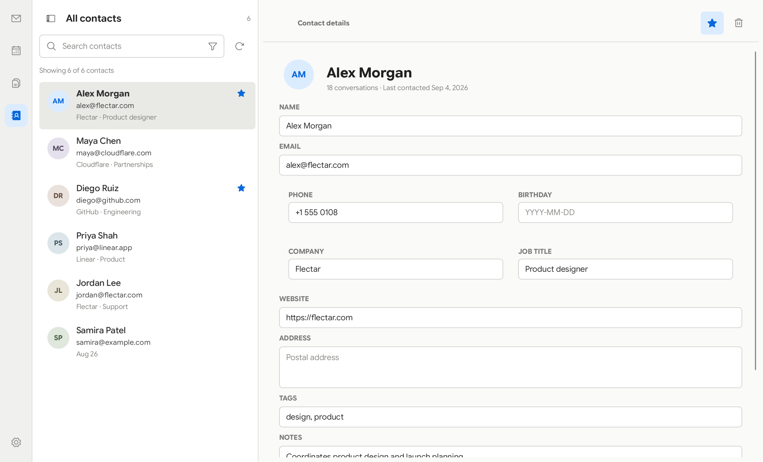 Flectar Mail contacts
