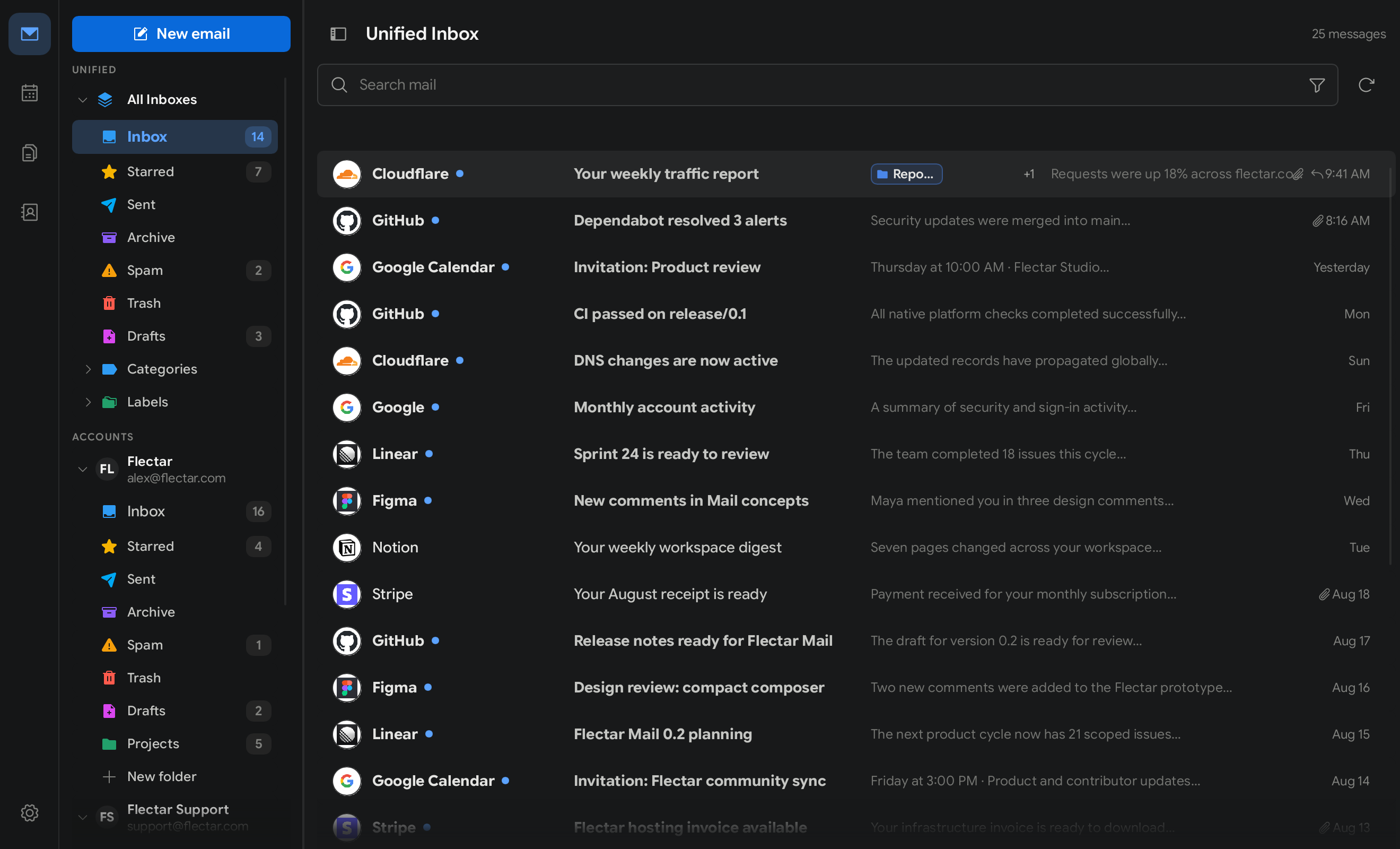 Flectar Mail minimal desktop workspace in dark mode