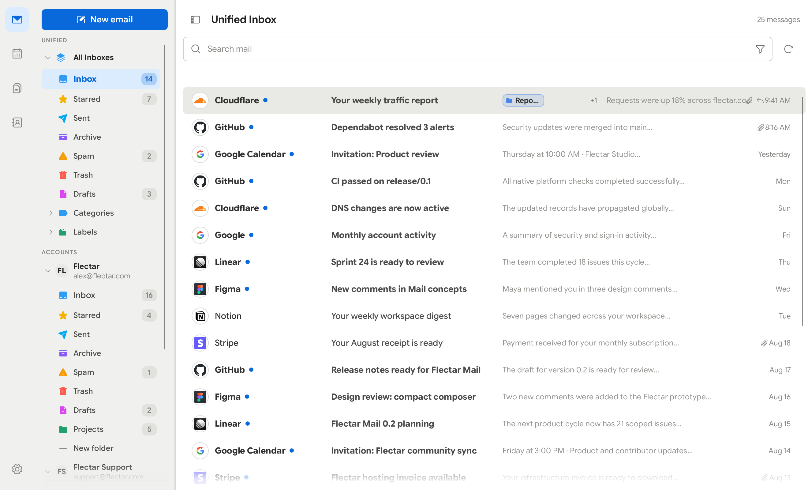 Flectar Mail minimal desktop workspace in light mode