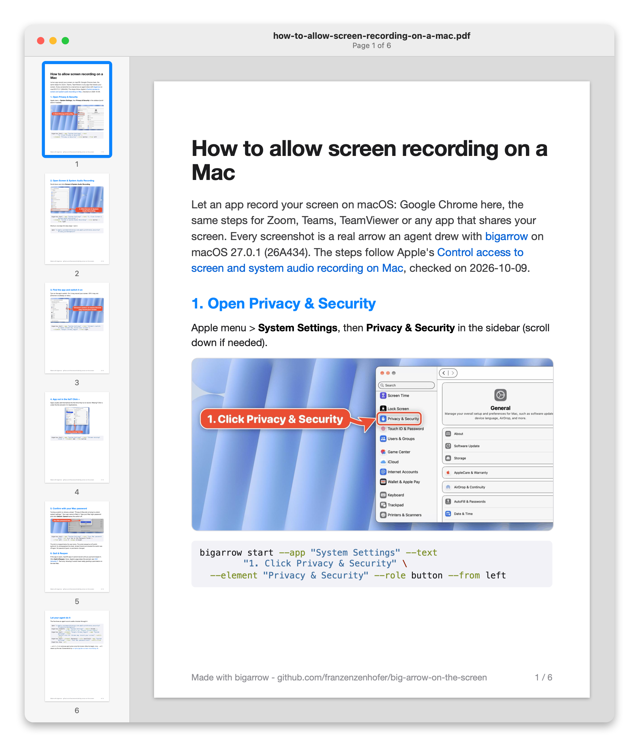 The guide as a 6-page PDF: page thumbnails on the left, page 1 large on the right, How to allow screen recording on a Mac, step 1 with an arrow at Privacy & Security