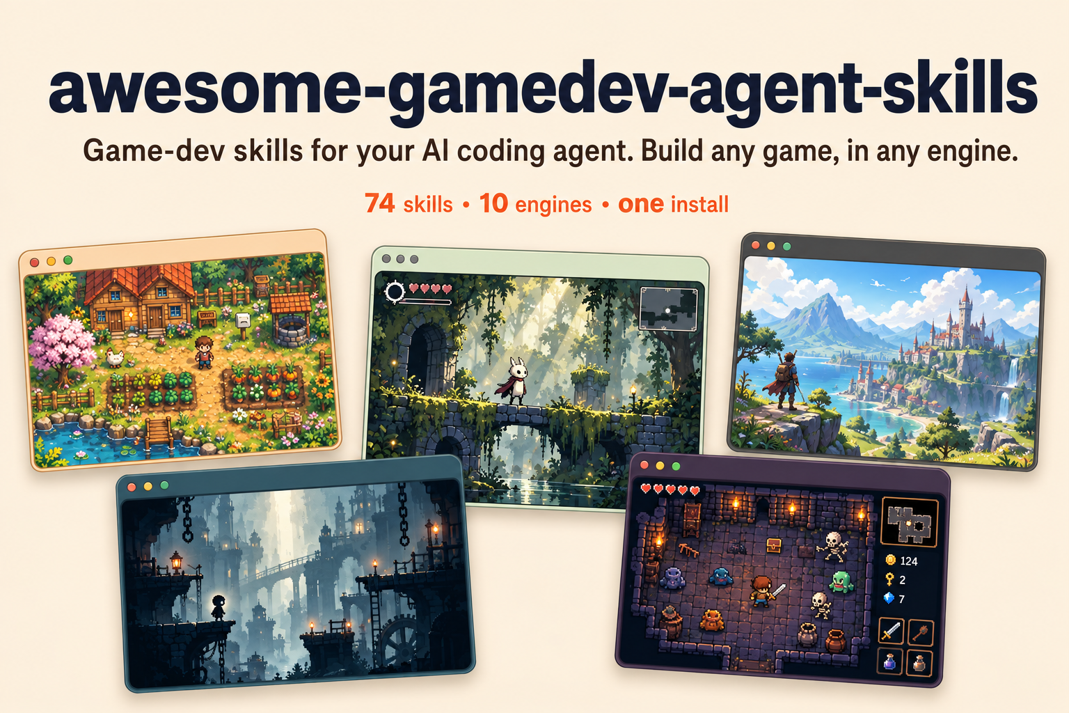 awesome-gamedev-agent-skills — game-dev skills for AI coding agents. 76 skills and a router across 12 engines, including an art-direction and asset-production workflow.