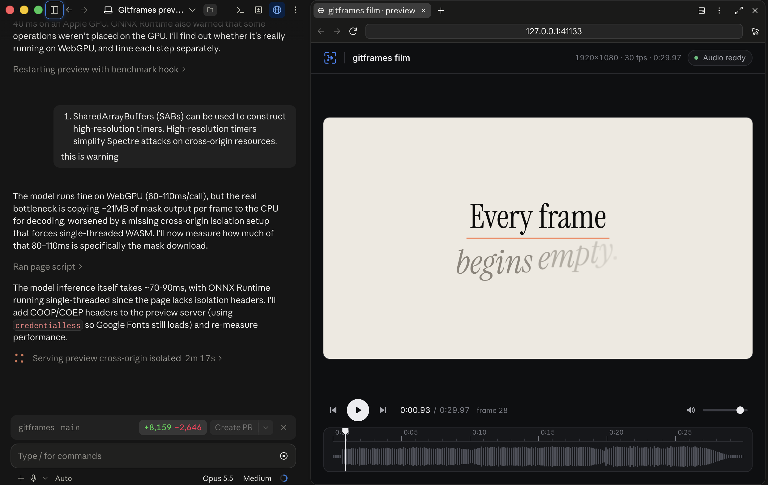 framefields live preview player: WebGPU rendering, waveform timeline, frame stepping, and audio status at 127.0.0.1:41133