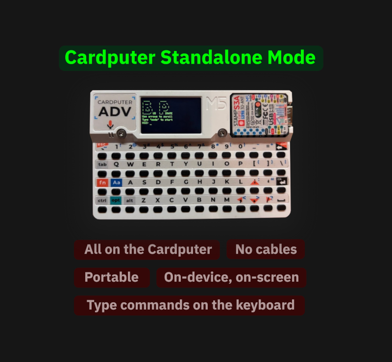 A Cardputer running the ESP32 Bit Pirate in standalone mode
