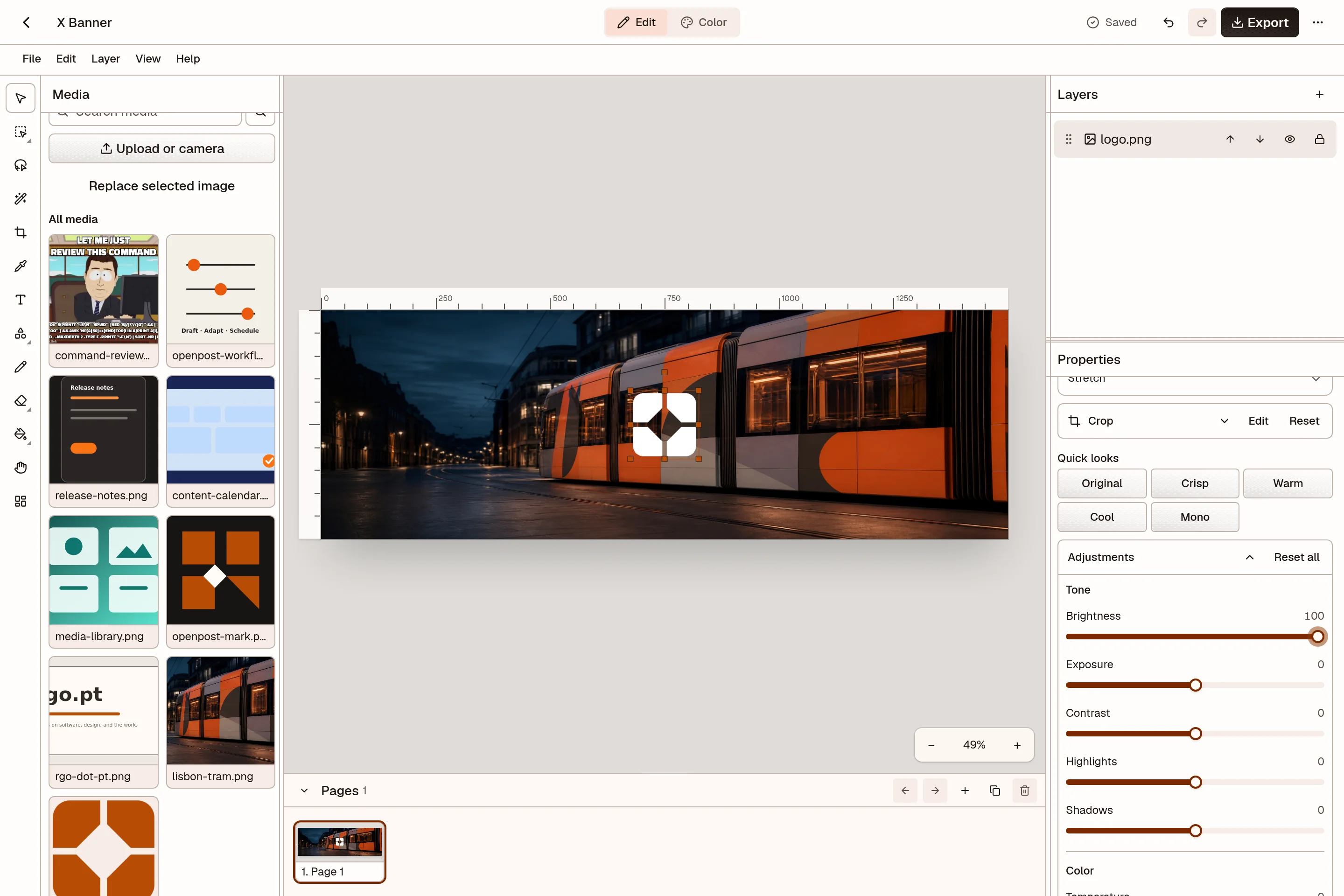 OpenPost image editor with a design canvas, layers, and editing controls