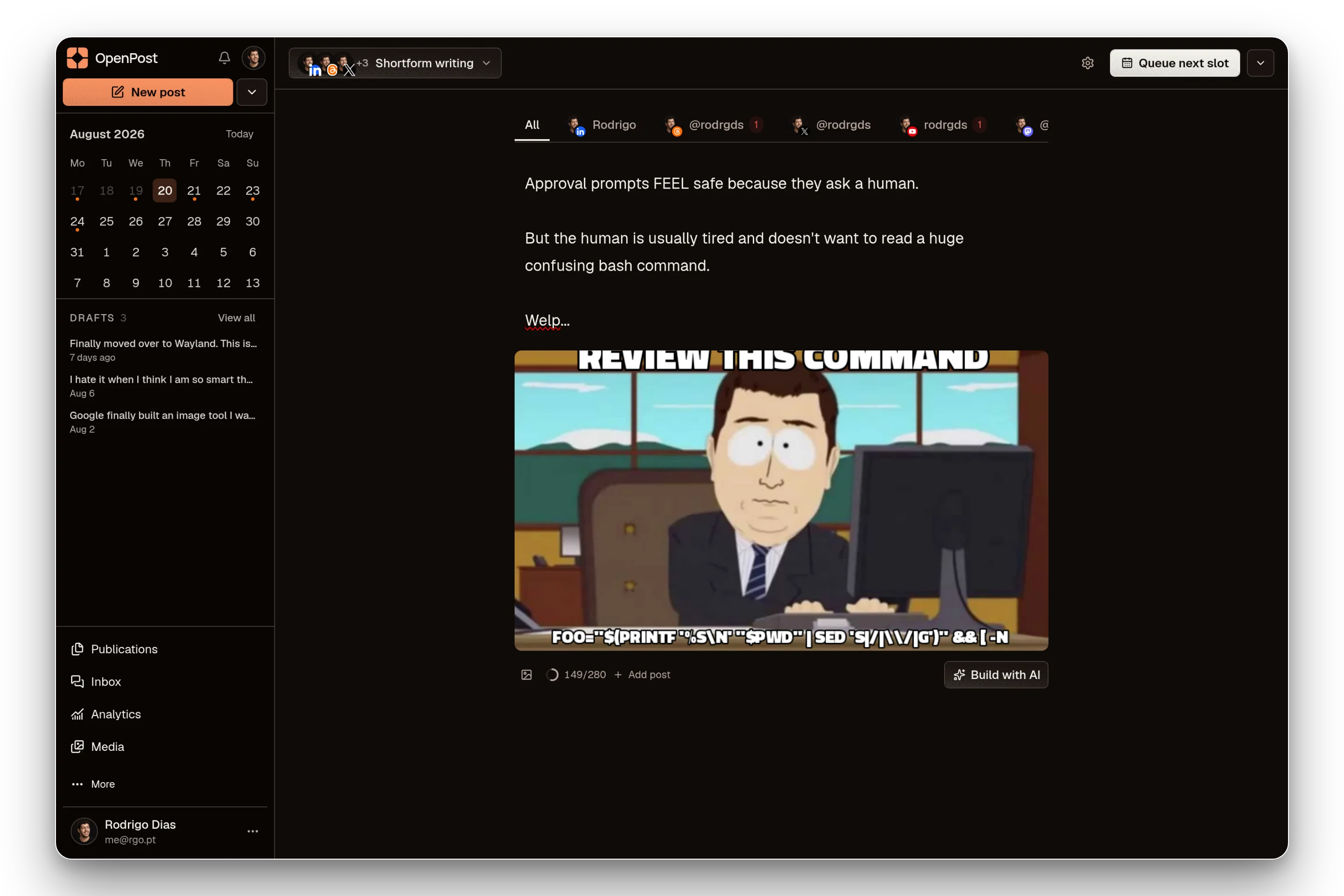 OpenPost composer with platform-specific drafts, previews, and scheduling controls