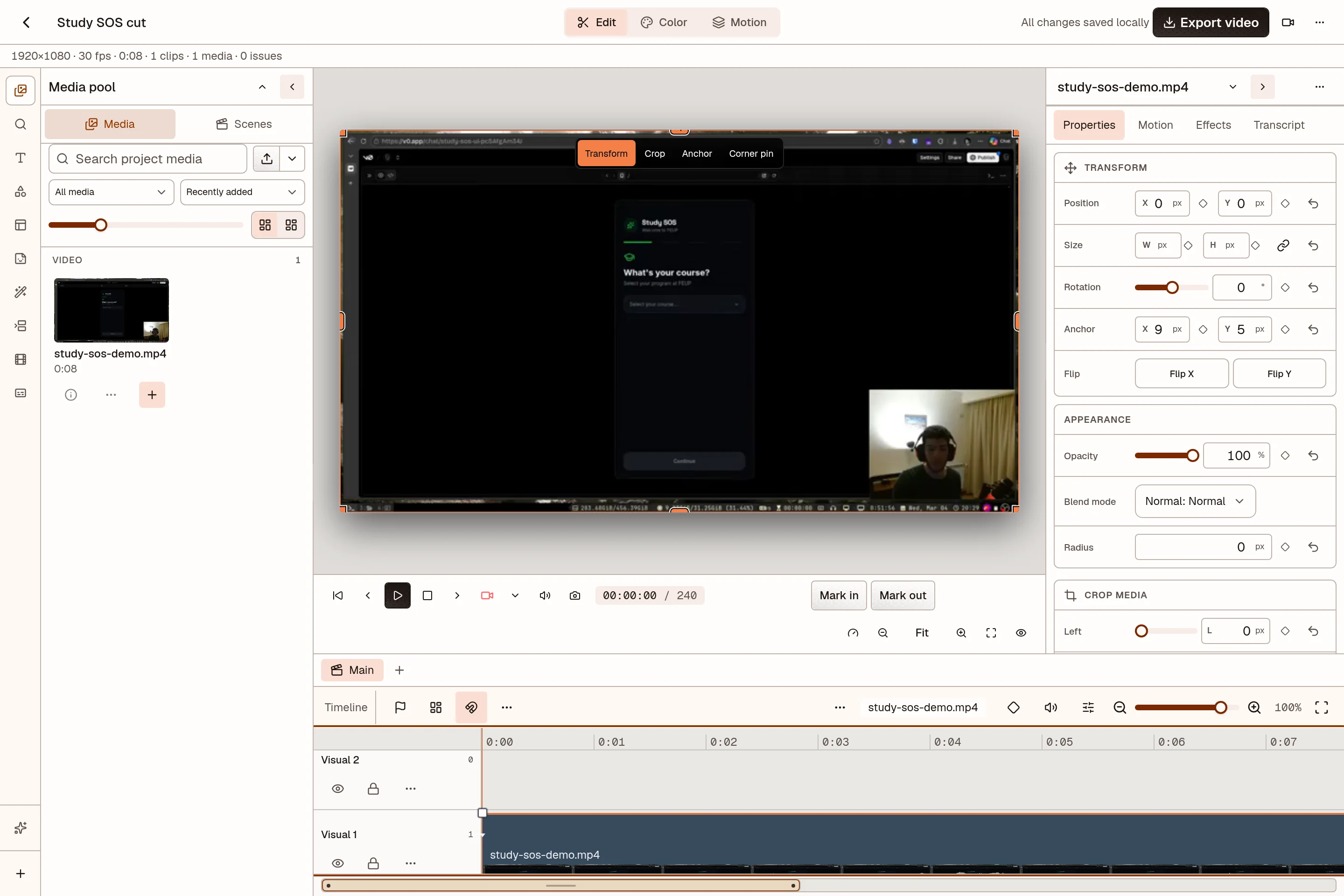 OpenPost video editor with a video preview and multitrack timeline
