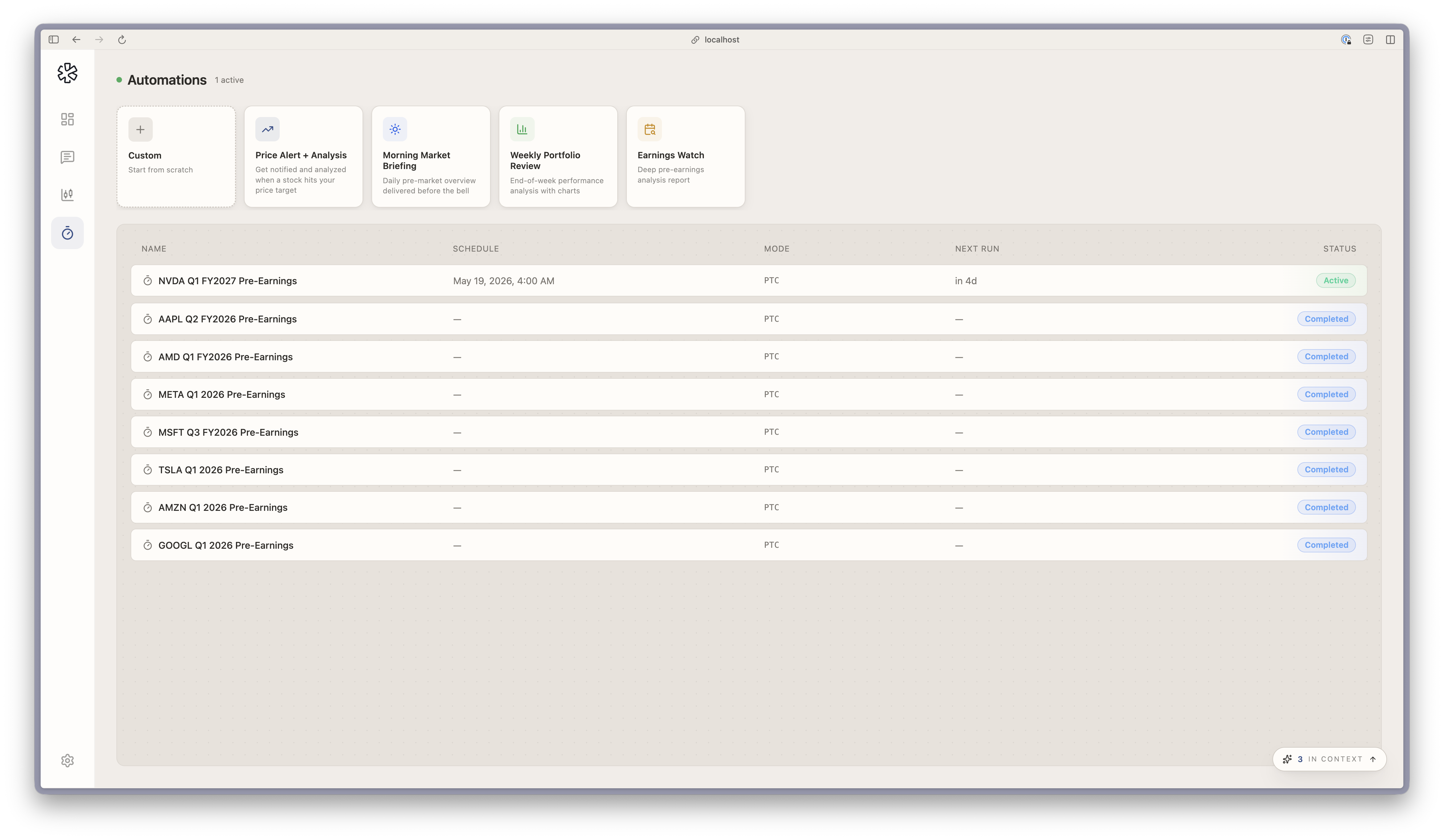 Automations page with template gallery and Mag 7 pre-earnings schedule