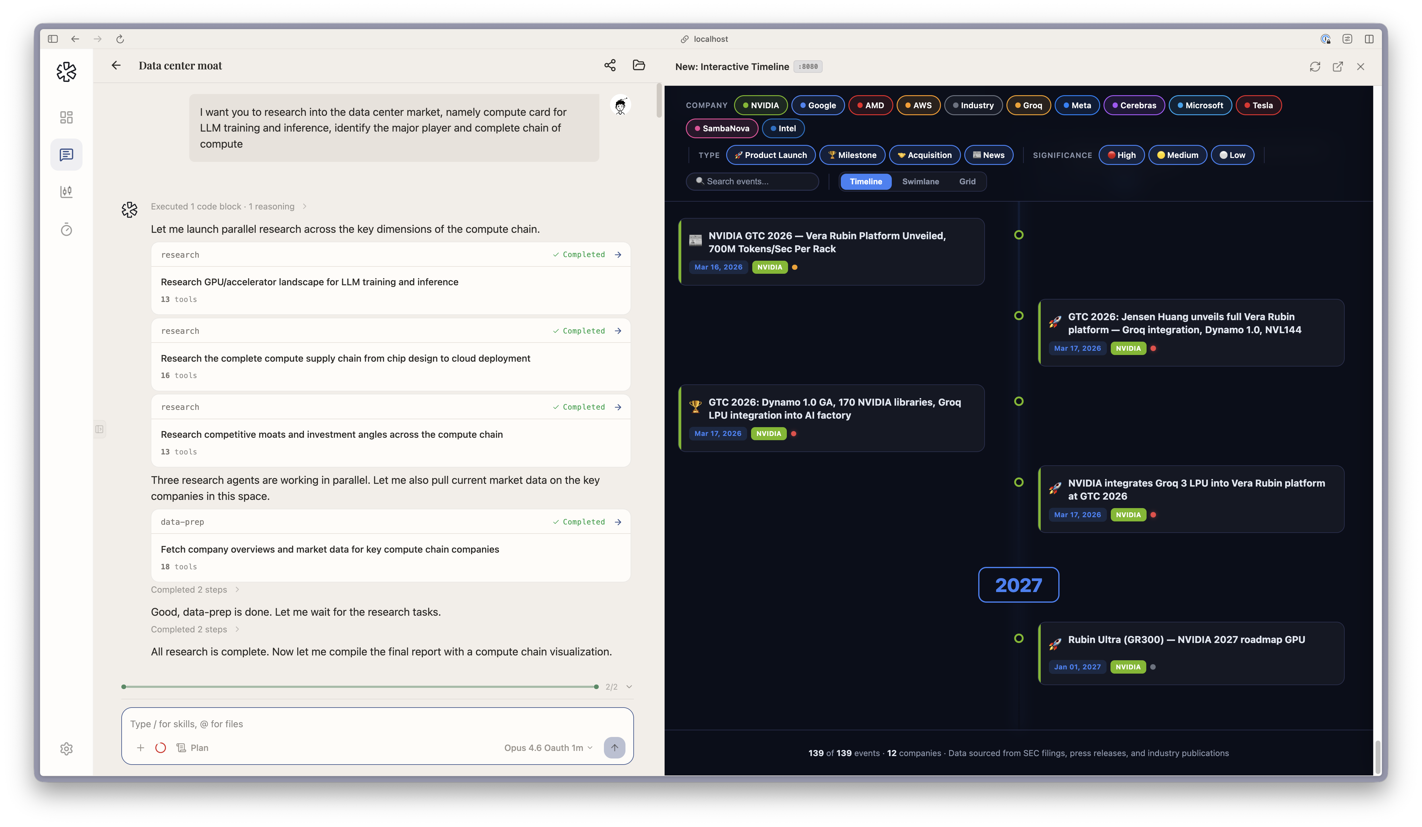 Parallel subagents researching the data center compute chain with an interactive AI compute timeline
