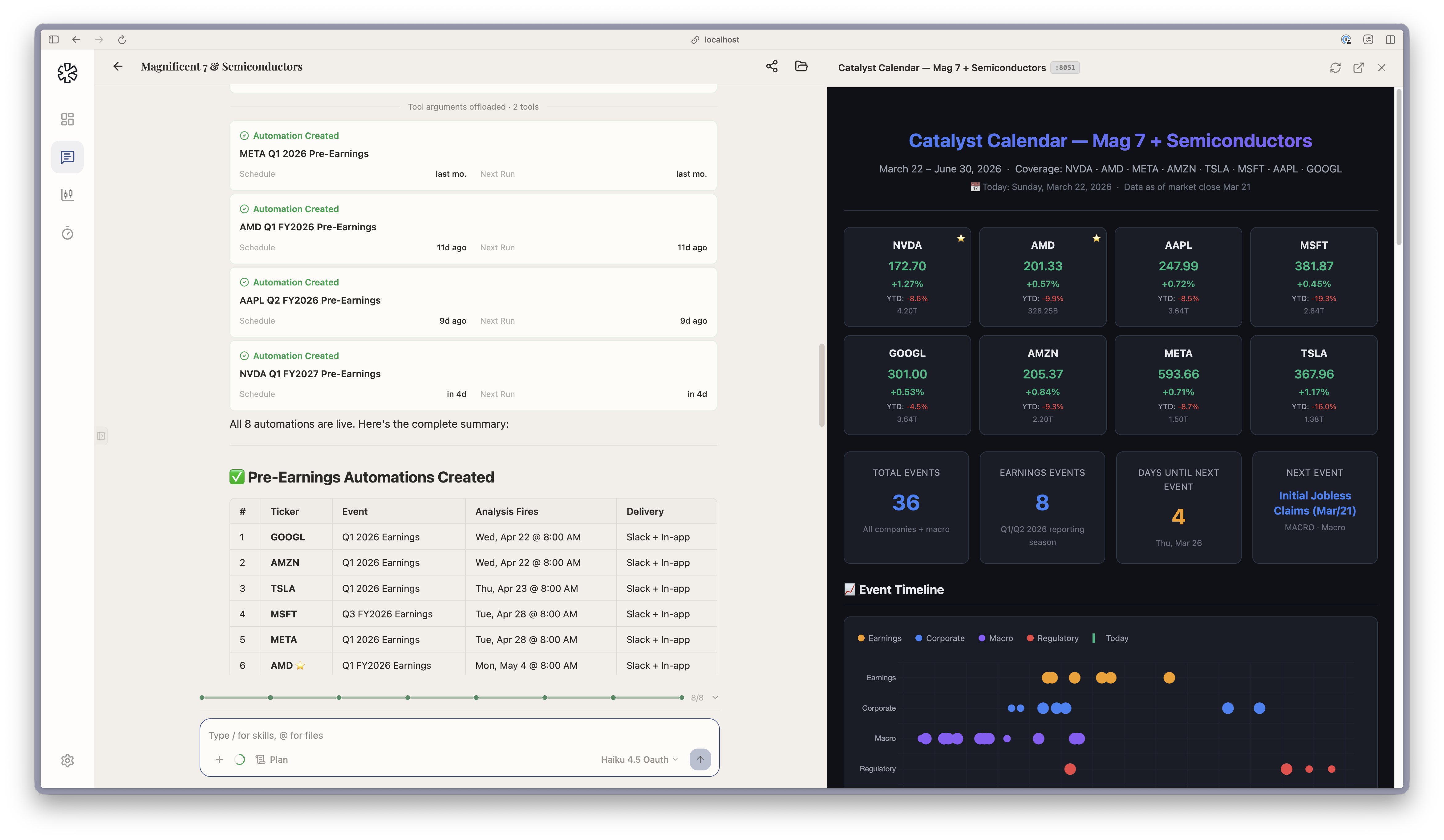 PTC agent generating a Mag 7 + Semiconductors catalyst calendar dashboard