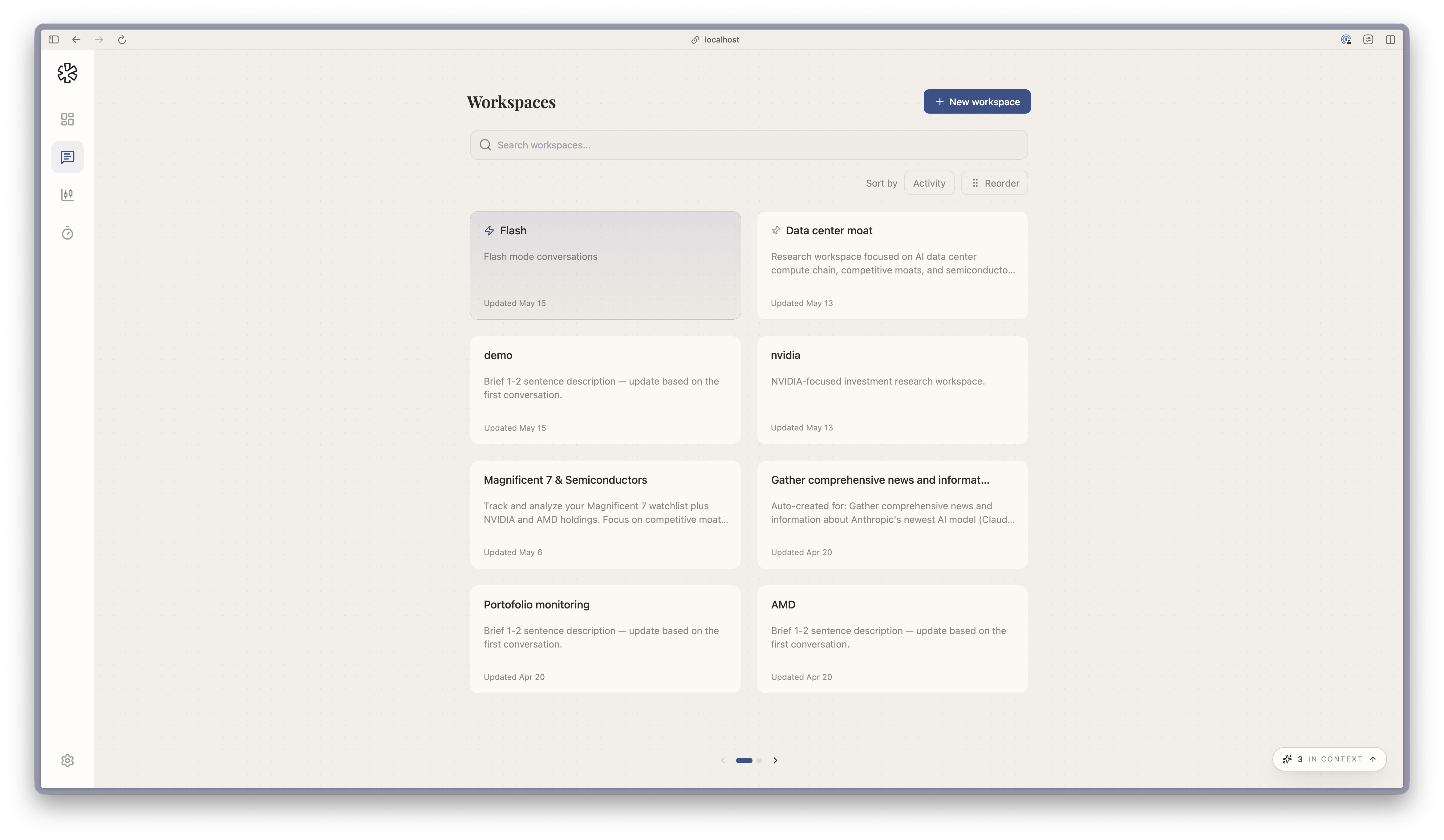 Workspaces page with research workspace cards