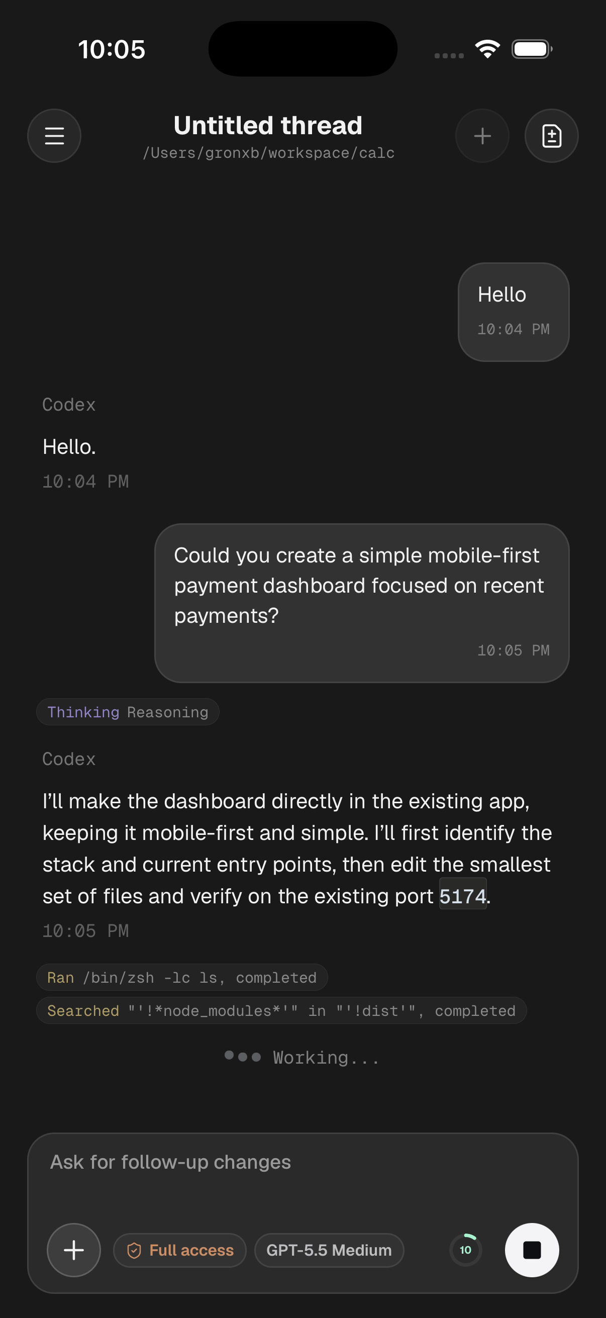 Codex Relay chat screen