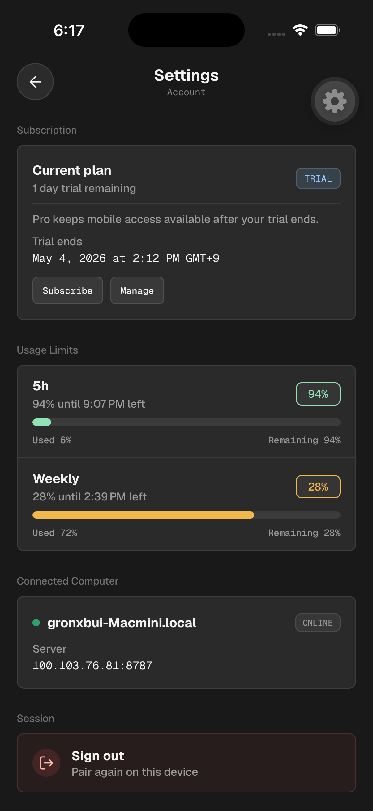 Codex Relay settings screen