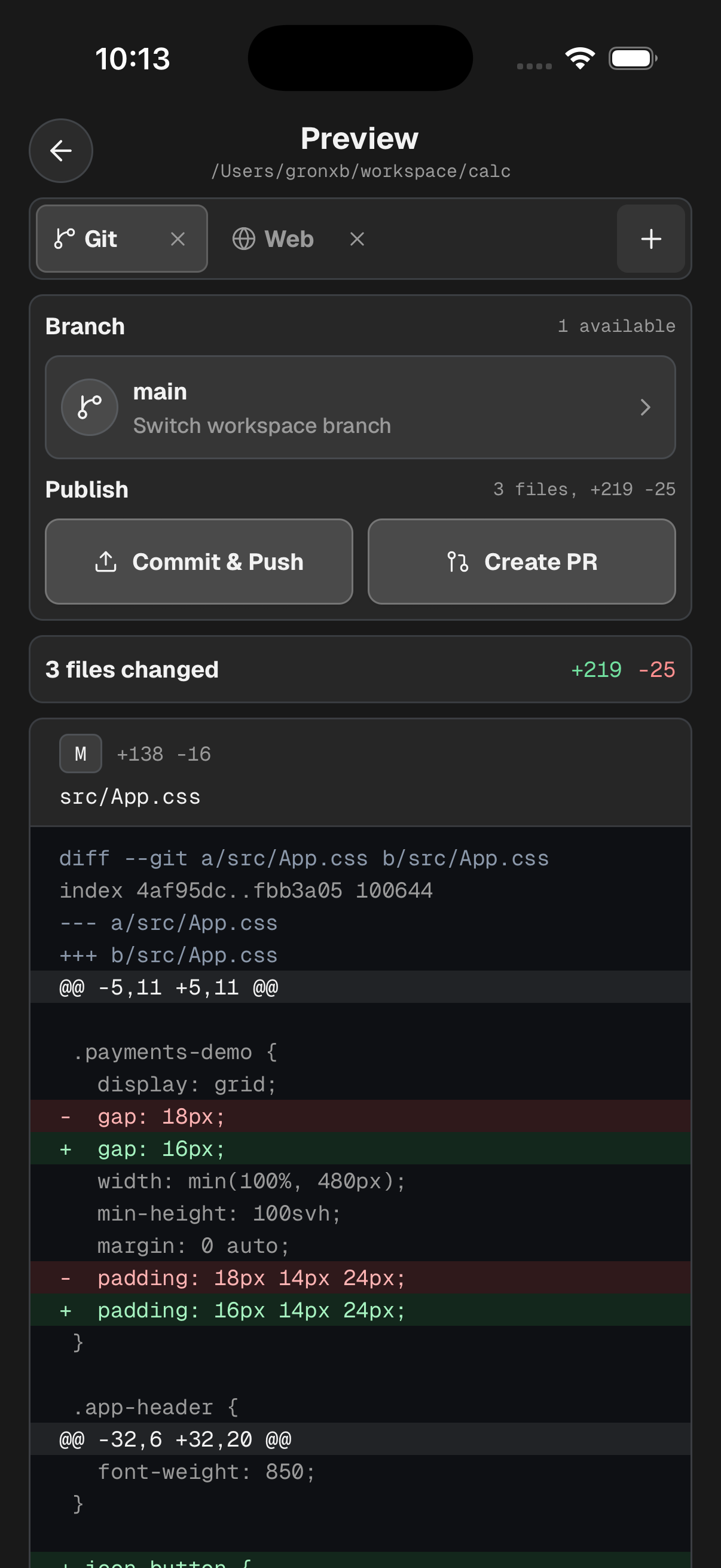 Codex Relay workspace preview screen