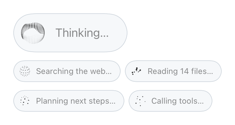 A Thinking pill and four status chips, their text shimmering