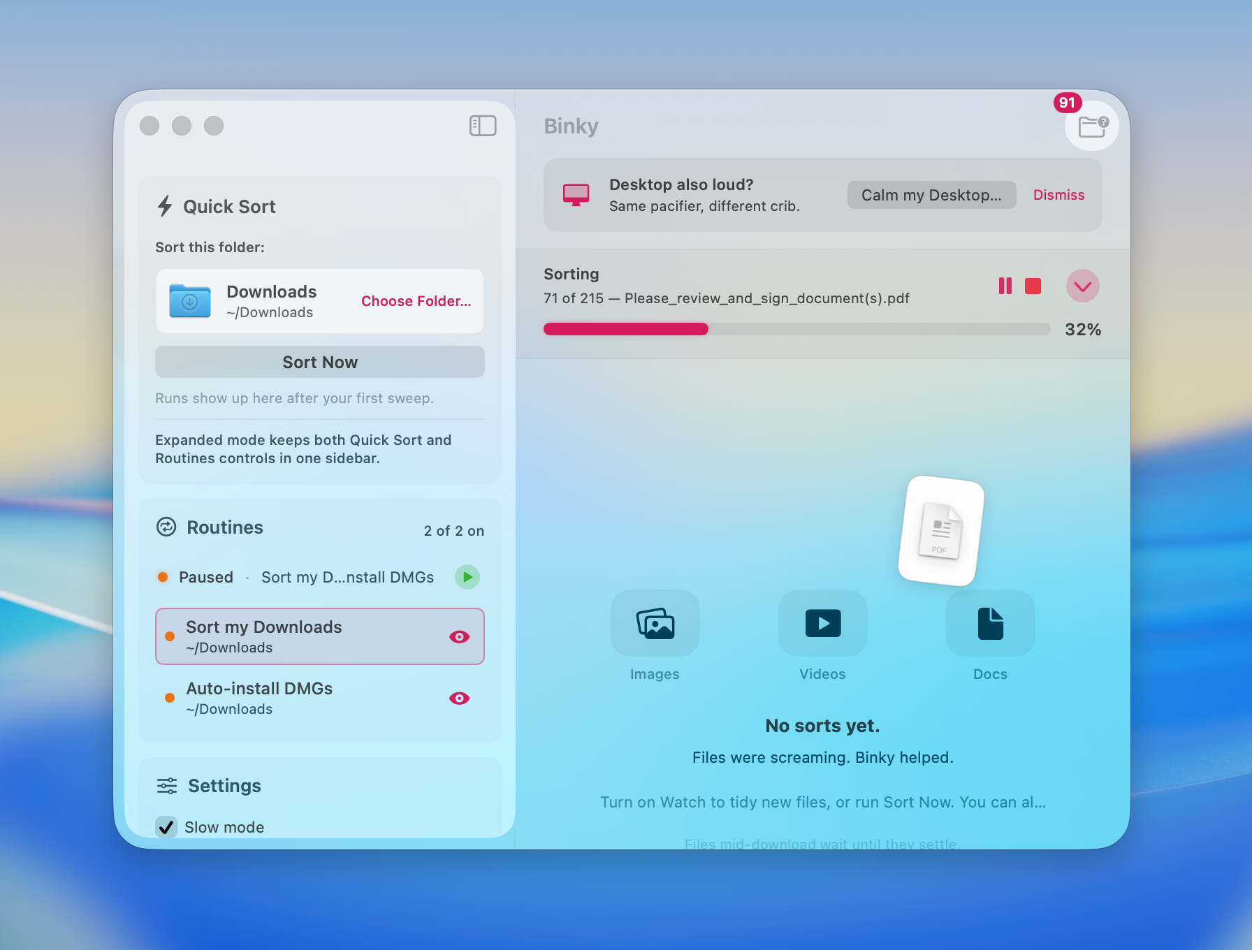Binky organizer with Downloads sorted into folders