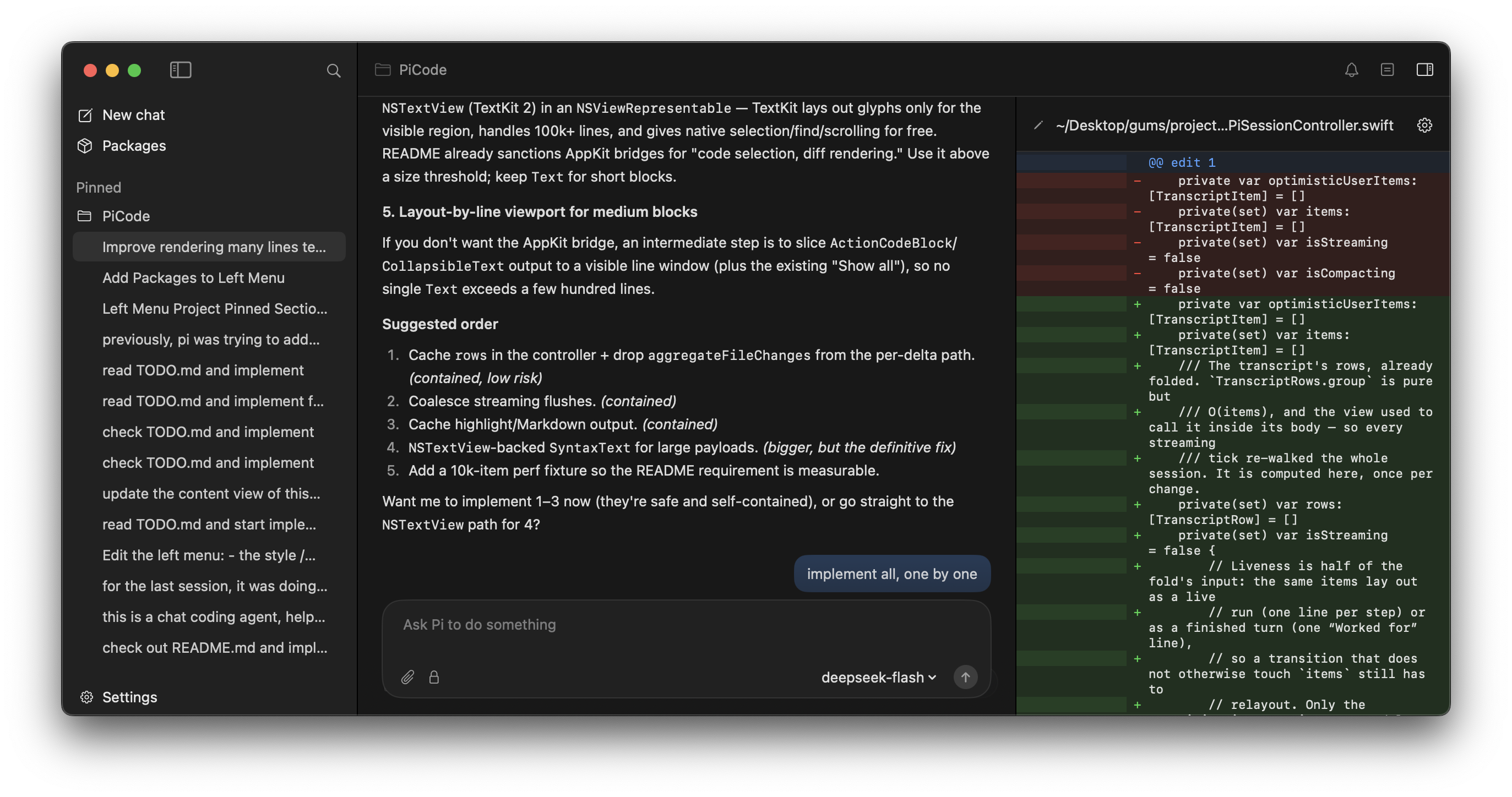 PiCode showing a project sidebar, coding conversation, and source-file inspector