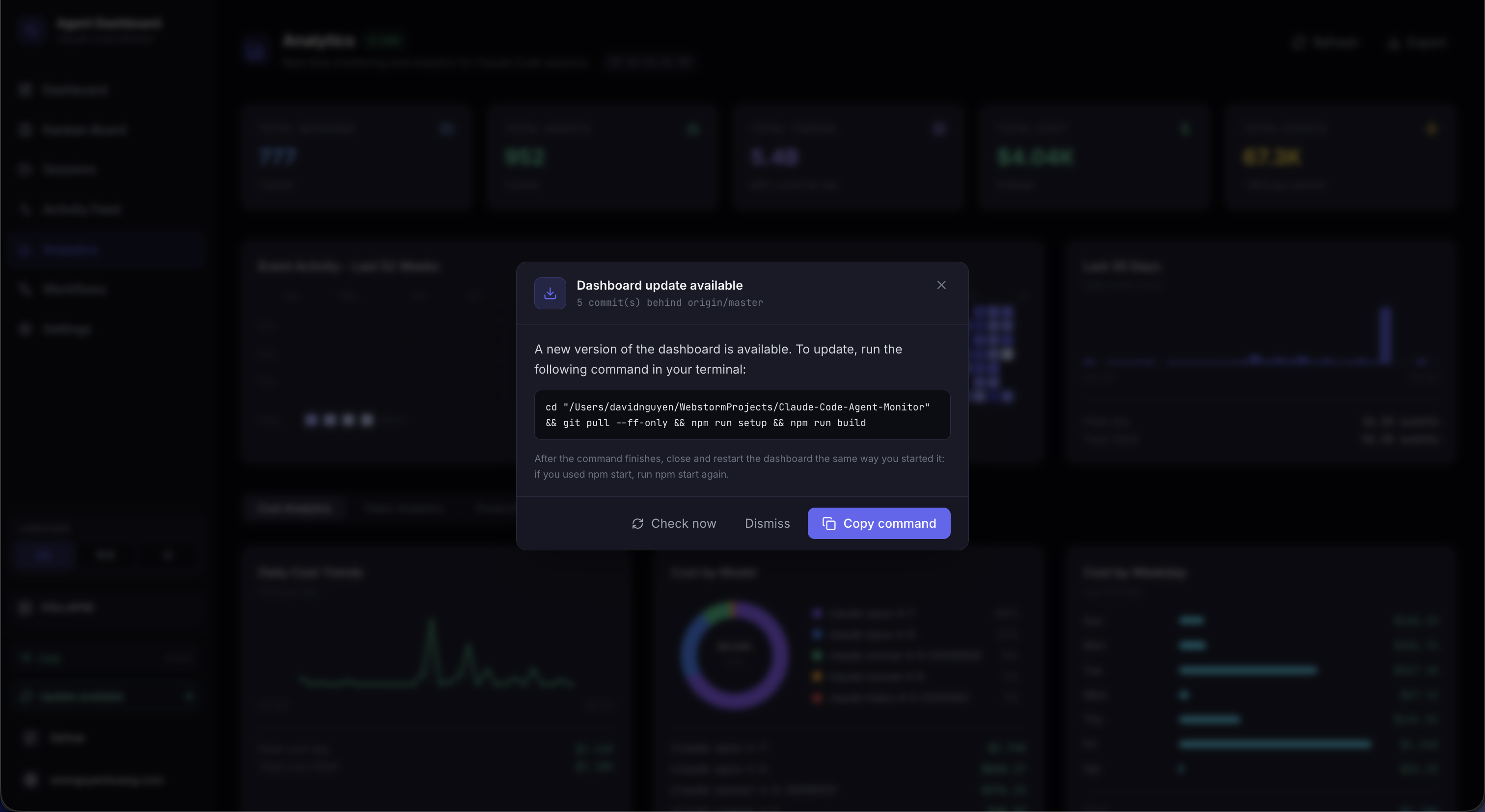 Dashboard update modal with copy-to-clipboard command