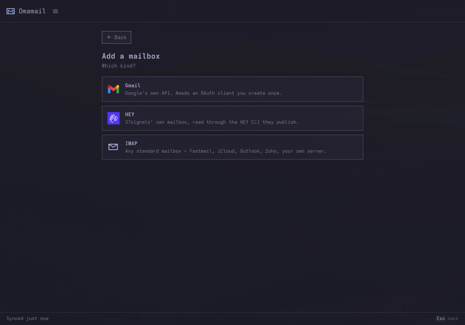 Omamail - Adding a mailbox: Gmail, HEY or IMAP