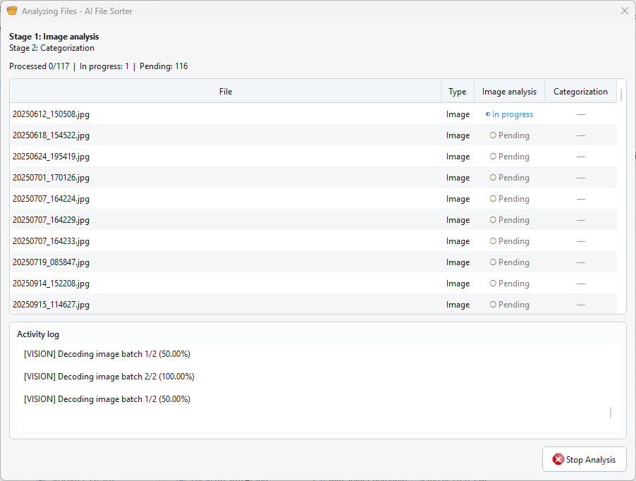 AI File Sorter analysis progress dialog on Windows