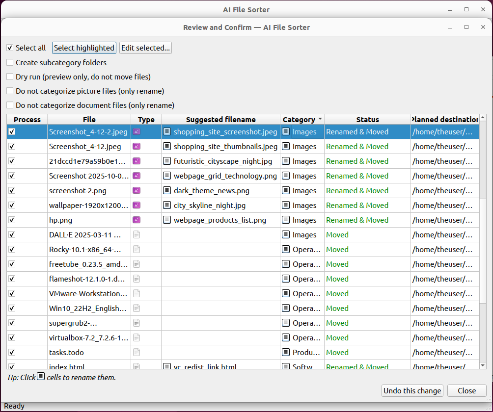 AI File Sorter review and confirm results on Linux