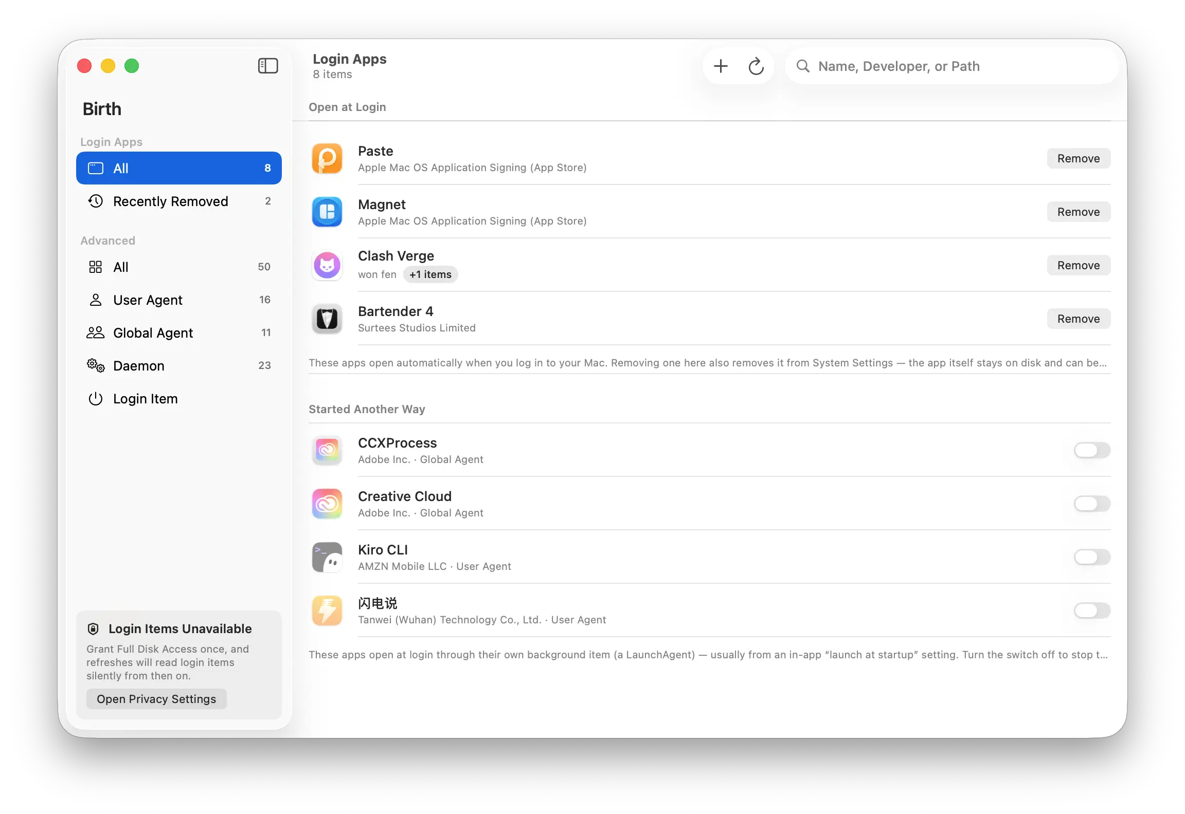 Birth main window: the Login Apps page with "Open at Login" and "Started Another Way" groups, each item showing its developer signing identity