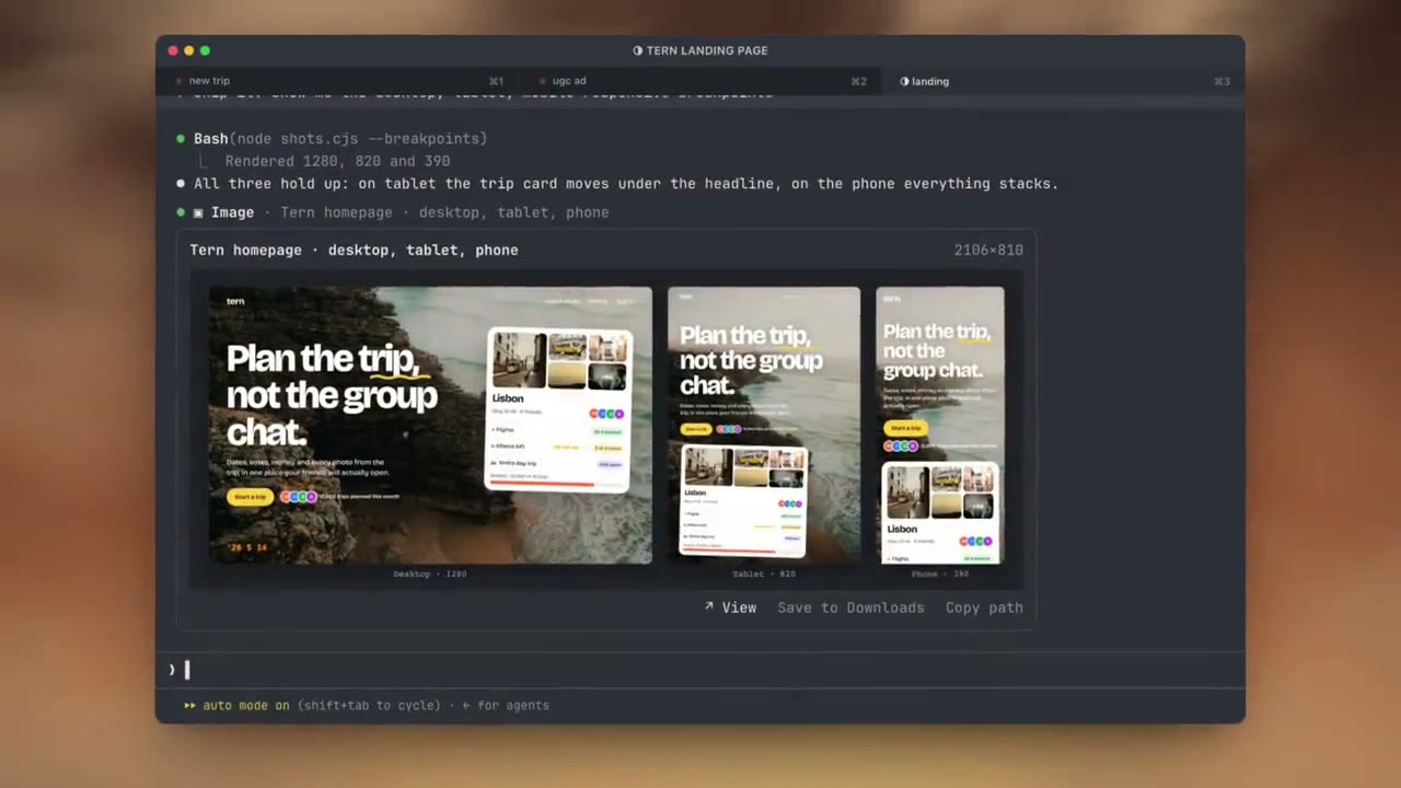 The Tern homepage at desktop, tablet and phone sizes shown in the chat