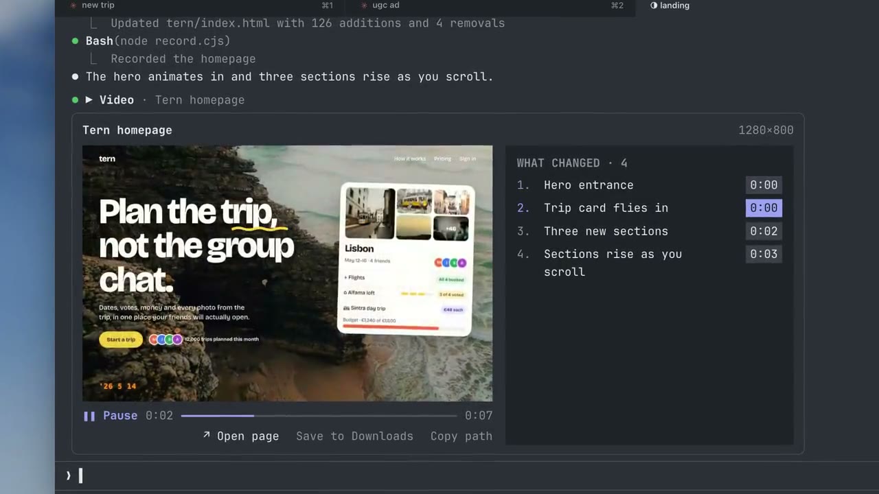 A recording of the Tern homepage plays inside Claude Code, with the list of what changed beside it