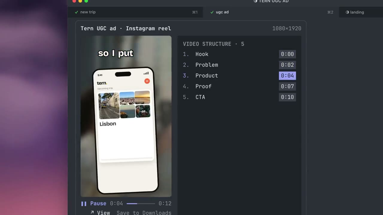 A vertical video ad made from that persona plays, with the ad's structure listed next to it