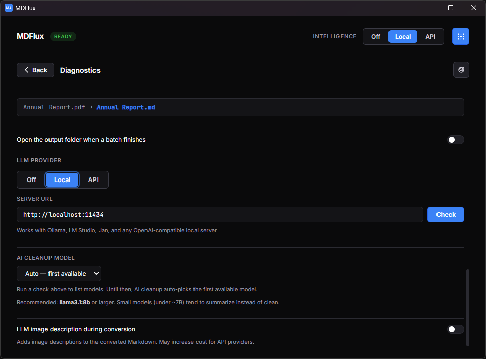 MDFlux cleanup mode selector: Off, Rule-based, Local AI, and API