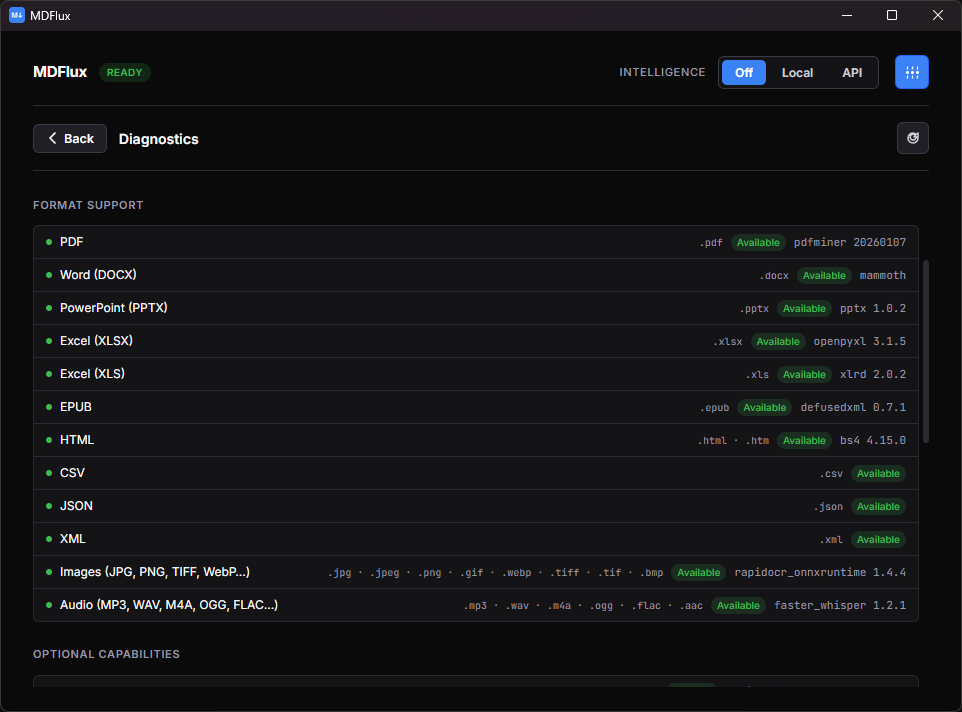 MDFlux diagnostics panel: dependency health and per-file status