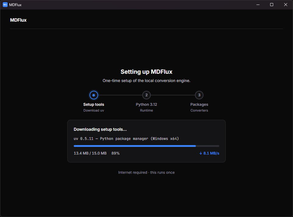 MDFlux first-run setup screen