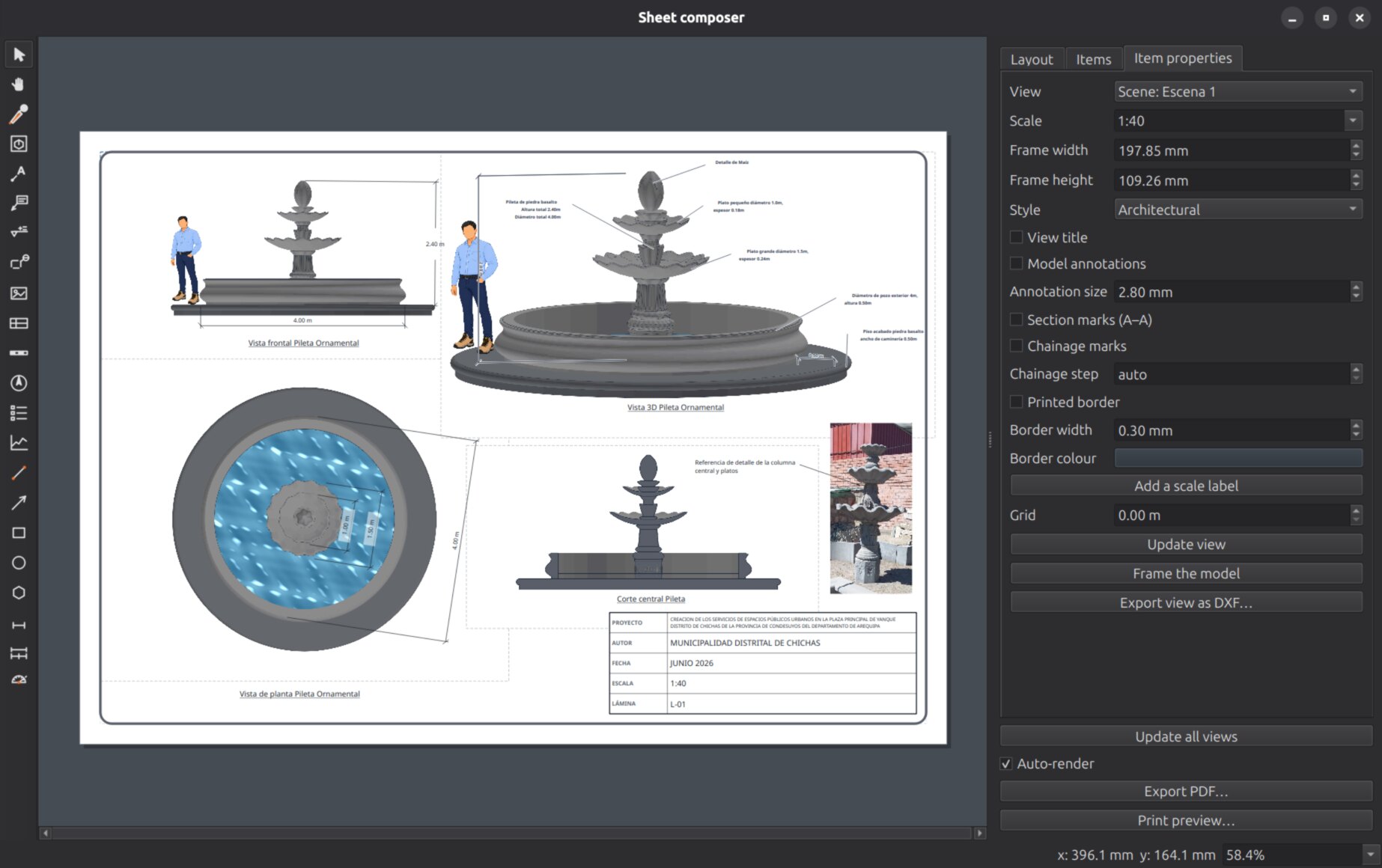 Sheet composer: a real ornamental-fountain sheet — front view, 3D, plan and section at 1:40, with dimensions, labels, a reference photo and the title block