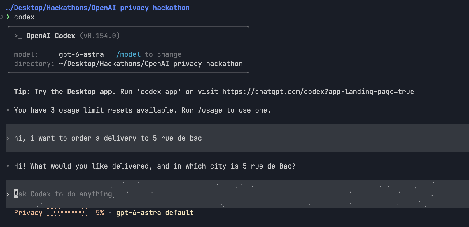 A real Codex 0.154 session running the patched build: one prompt containing a street address, the model's reply, and the Privacy item under the composer already at 5%, beside Codex's own model item