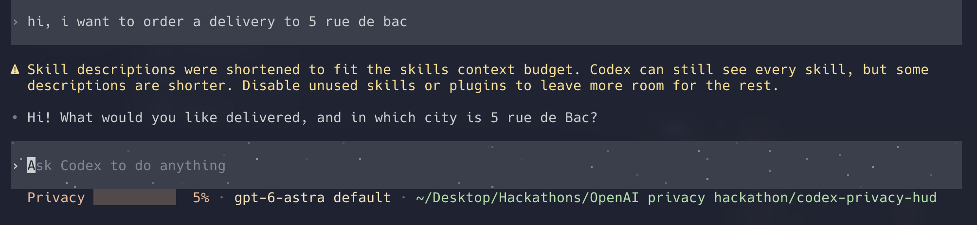 A Codex session: one prompt containing a street address, the model's reply, and the plugin's Privacy item under the composer at 5% disclosure, next to Codex's own model and directory items
