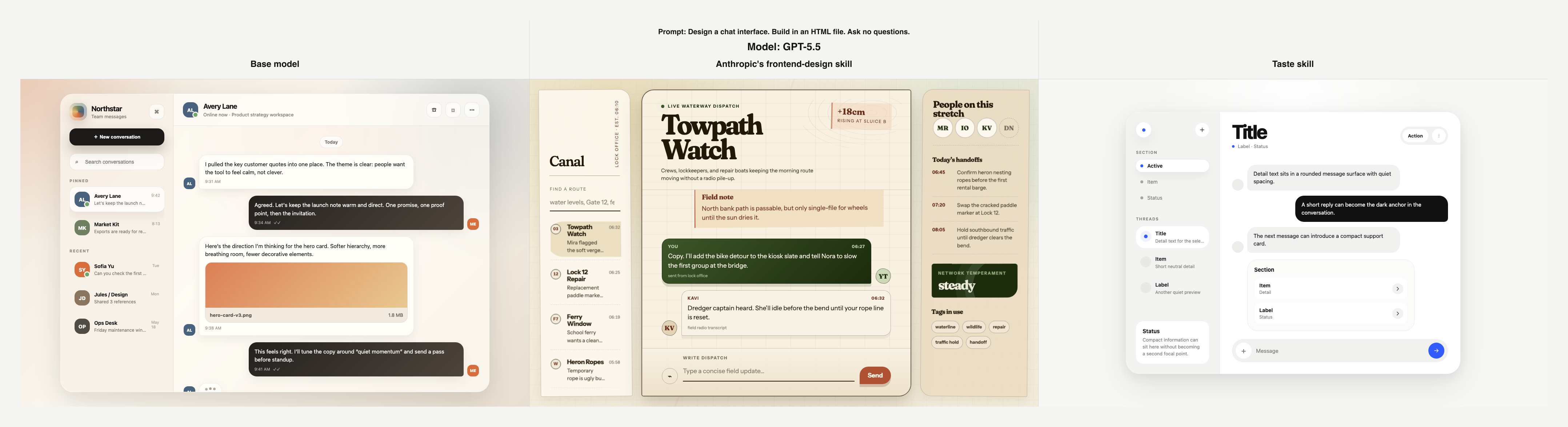 Chat interface comparison using GPT-5.5 across base model, Anthropic frontend-design skill, and Taste skill