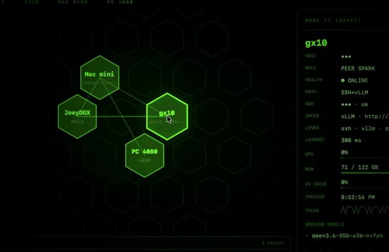 Honeycomb — the map goes LIT as traffic flows, with live GPU and tok/s