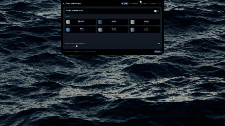 The wallpaper tab: picking a different video wallpaper, which crossfades in and keeps playing behind the bar