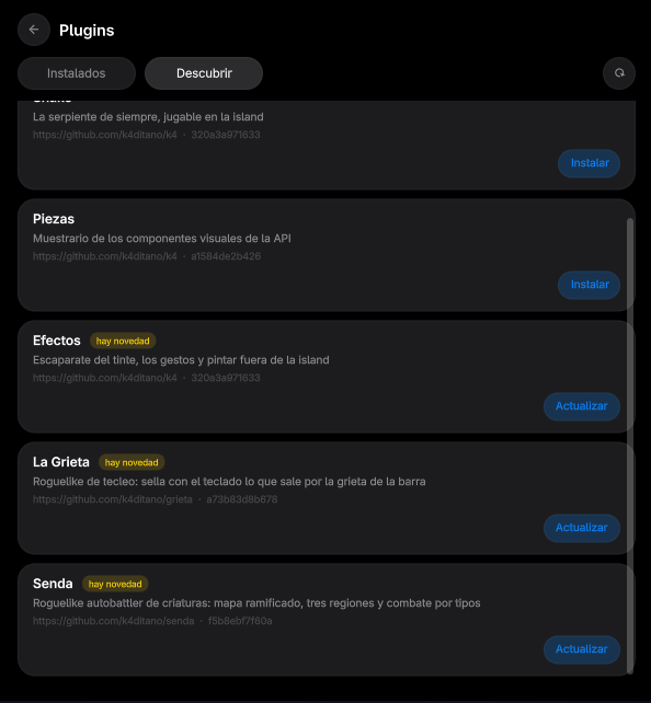 The Discover tab, listing published plugins with their commit