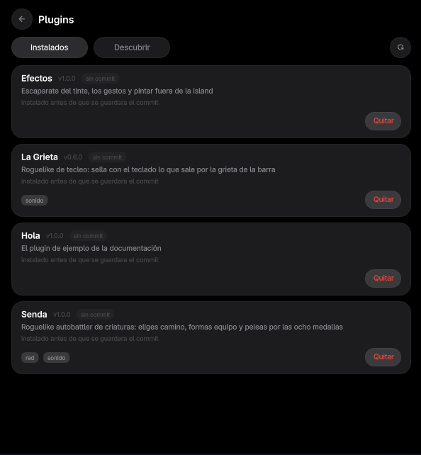 The Installed tab, showing each plugin's permissions and origin