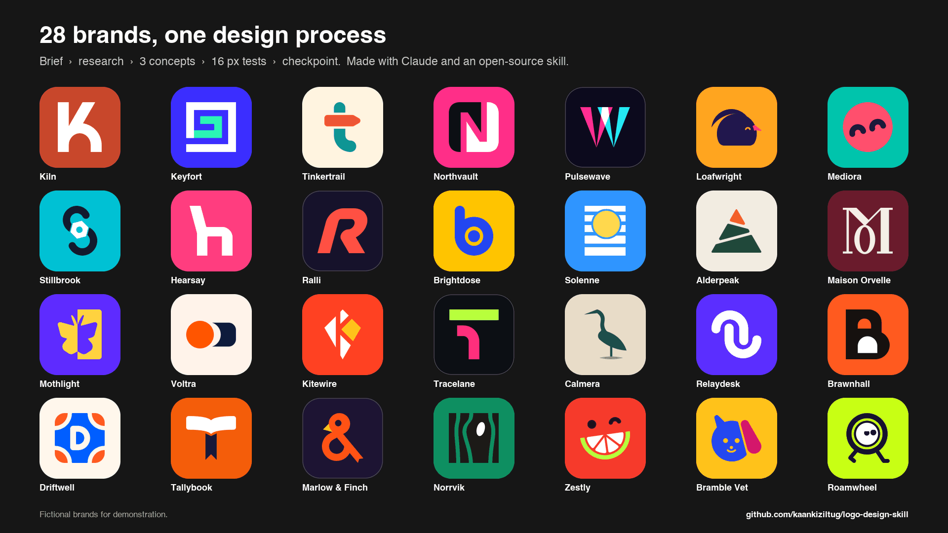 Twenty-eight example runs of the logo-design skill