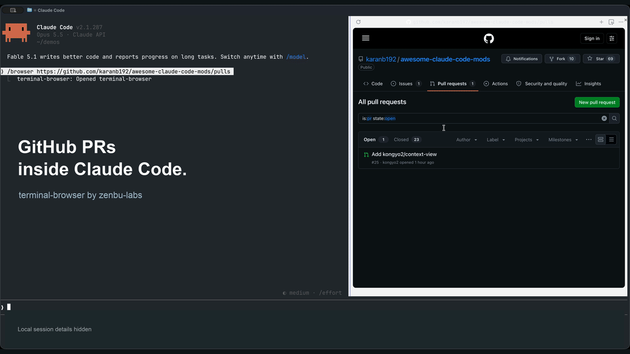 Browsing a GitHub pull request beside a Claude Code conversation using terminal-browser