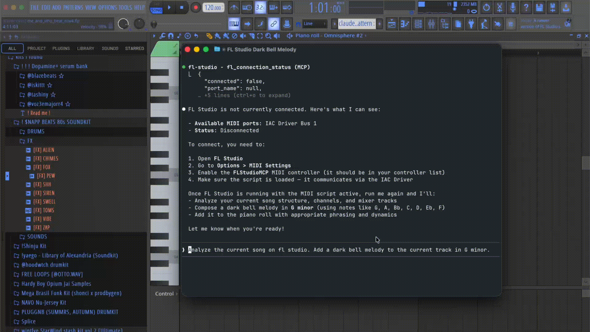 Claude composing a dark bell melody in FL Studio via MCP
