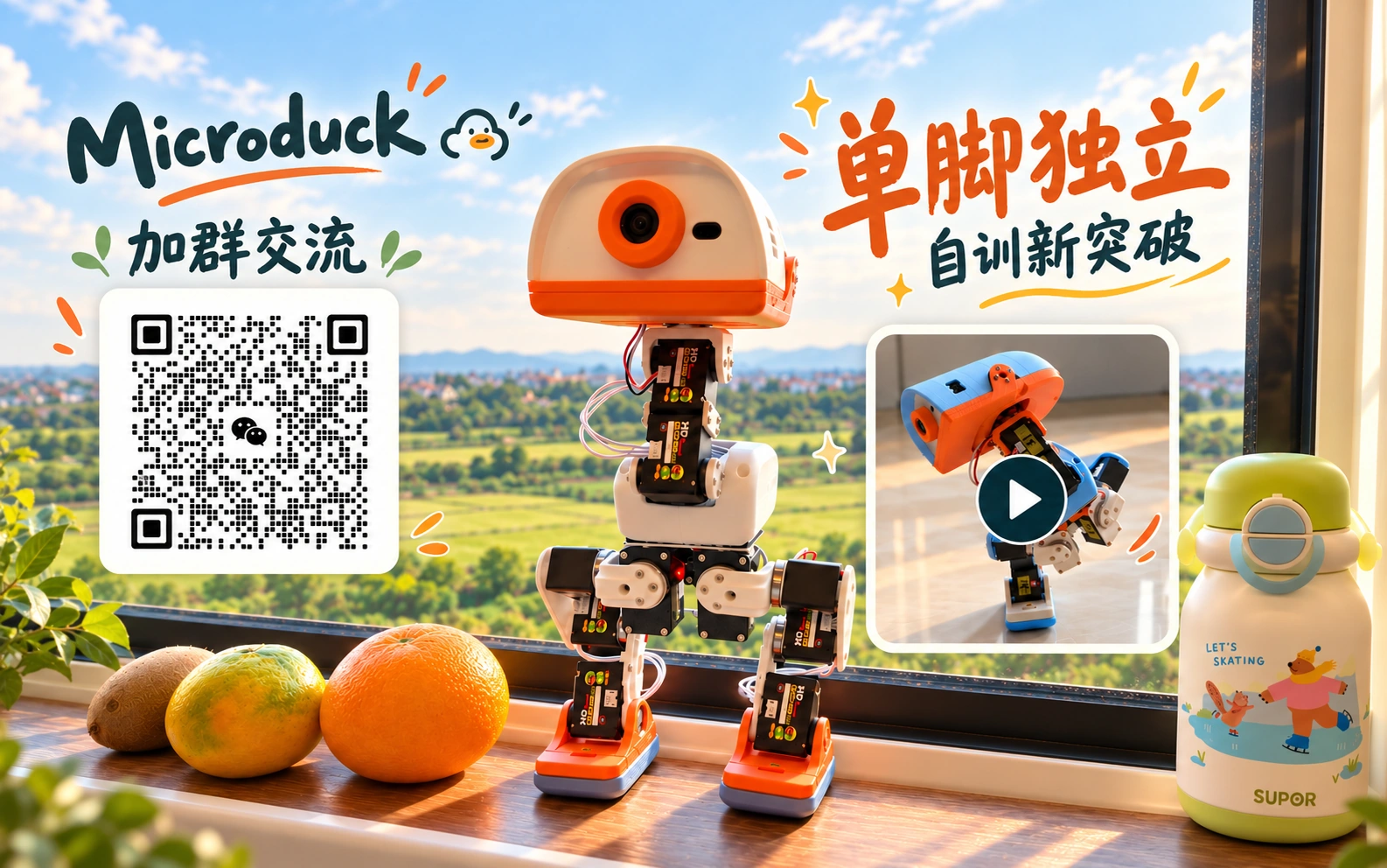 Microduck 单脚独立实机视频与微信交流群,点击图片观看视频,扫码加群交流