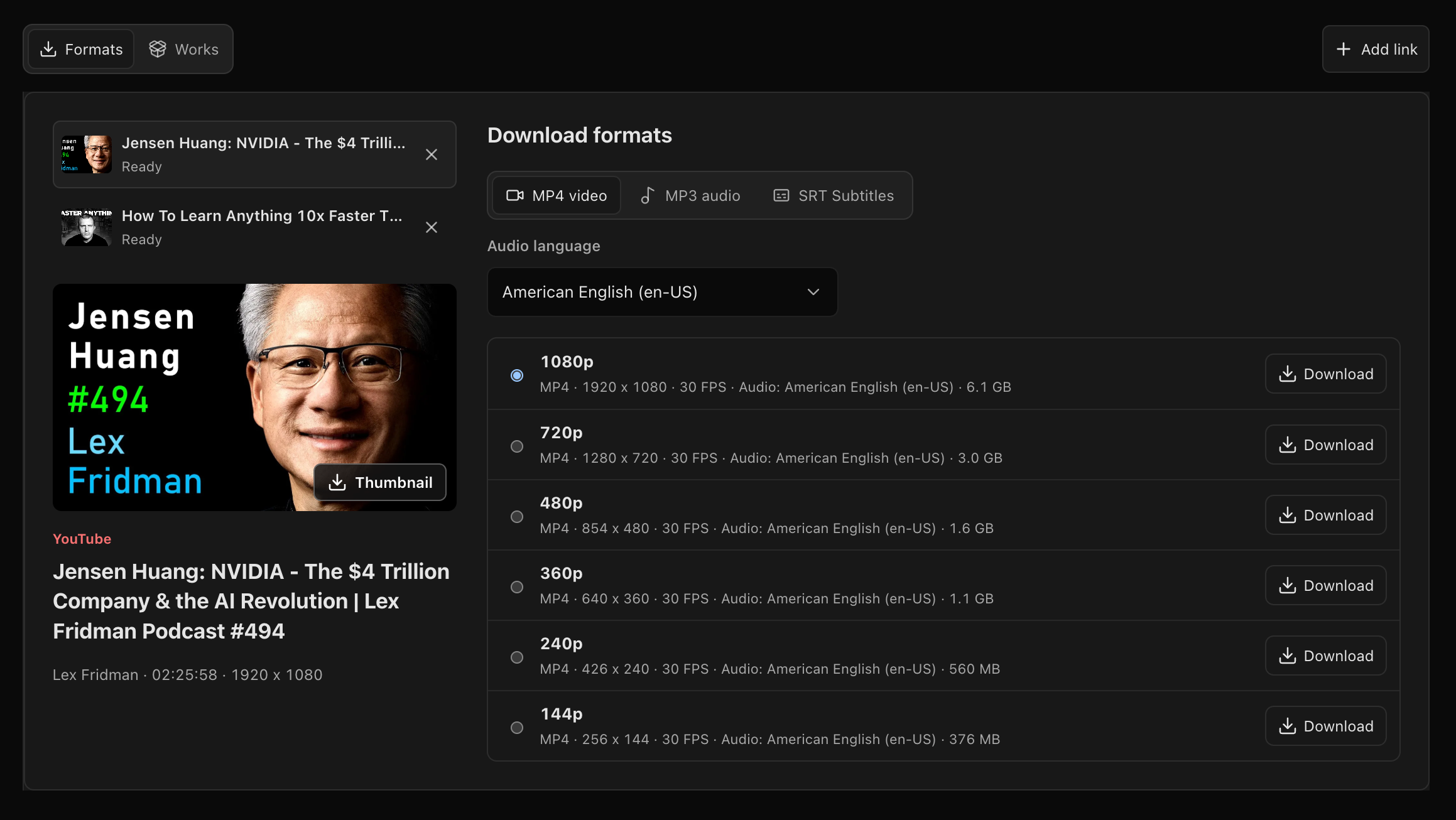 OpenCreator Video Downloader format selection