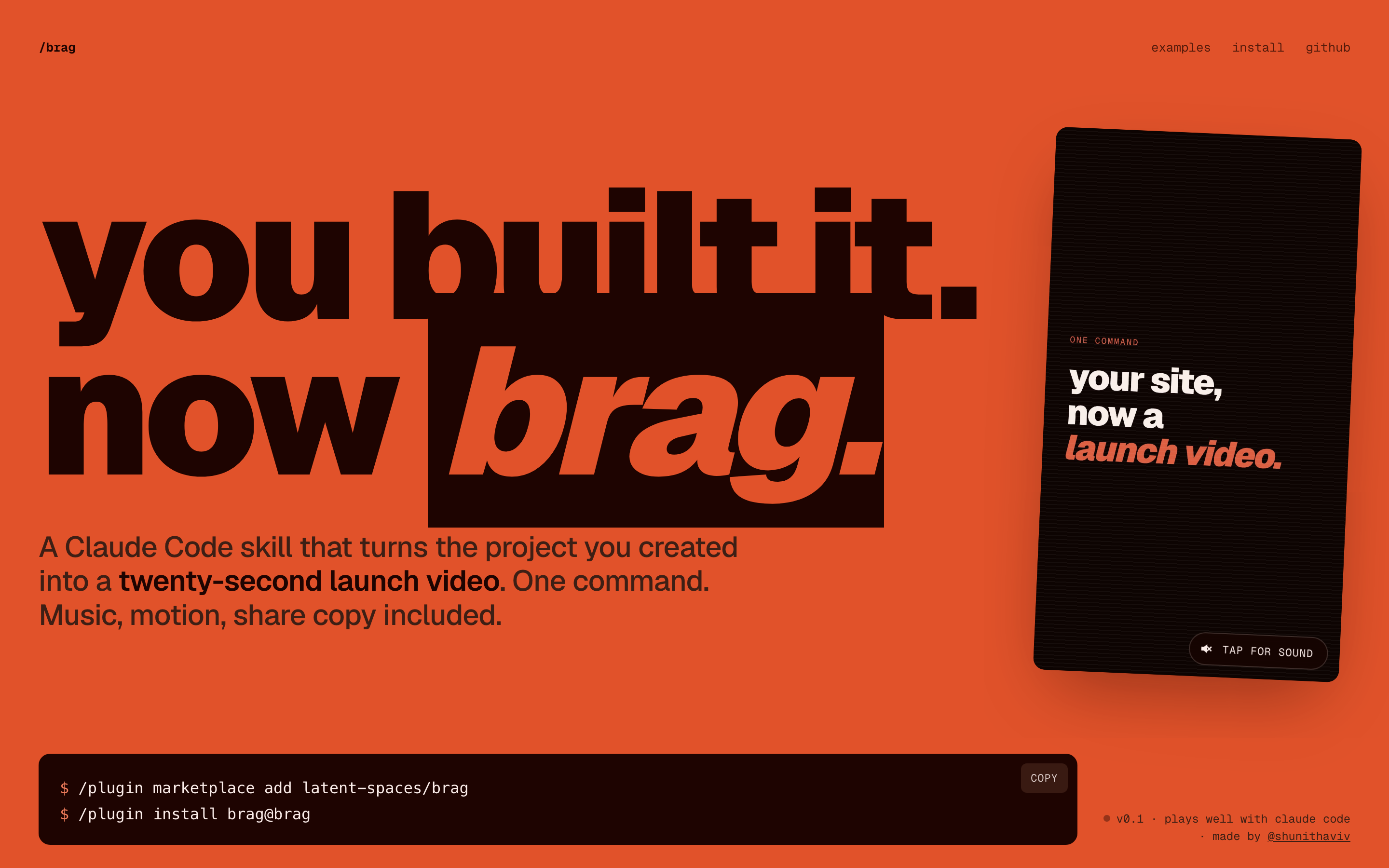 the /brag launch site — you built it, now brag